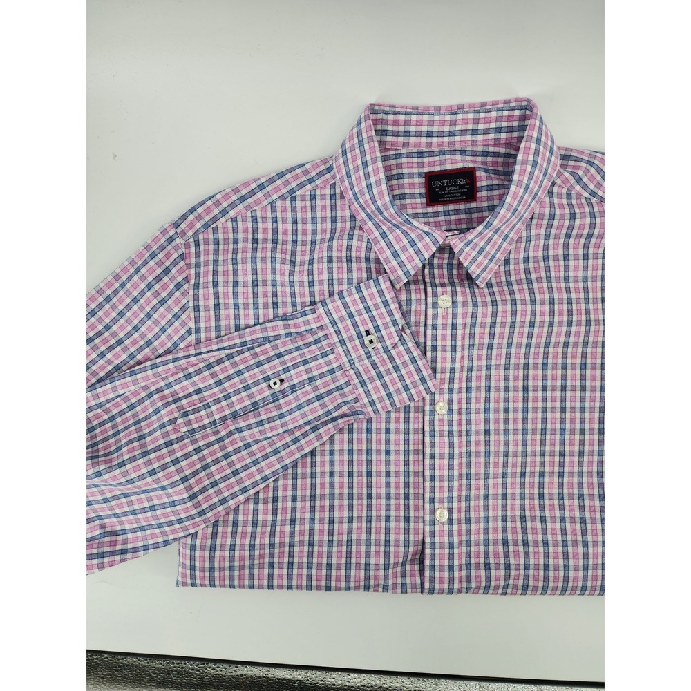 UNTUCKit Mens Large Slim Fit Wrinkle Free Cotton Button Down Shirt Pink Check